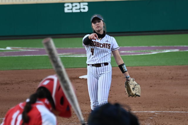 Texas+State+freshman+pitcher+Jessica+Mullins+%284%29+points+to+home+plate%2C+Friday%2C+March+5%2C+2021%2C+at+Bobcat+Softball+Stadium.+The+Bobcats+won+6-1.