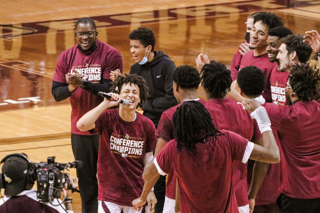 Texas State junior guard Mason Harrell (12) addresses the crowd and pumps up the team for their next games, Friday, Feb. 26, 2021, at Strahan Arena. The Bobcats won 58-49.
