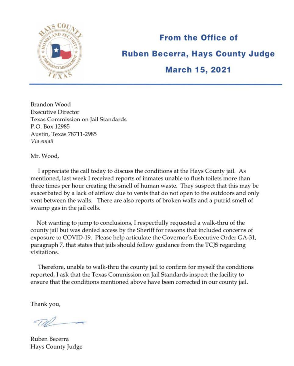 A+March+15+letter+posted+to+social+media+from+Hays+County+Judge+Ruben+Becerra+to+Brandon+Wood%2C+executive+director+of+the+Texas+Commission+on+Jail+Standards.