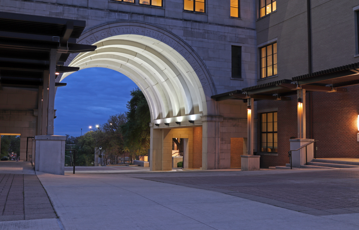 Lights illuminate the UAC Arch, Monday, March 29, 2021, at Texas State.