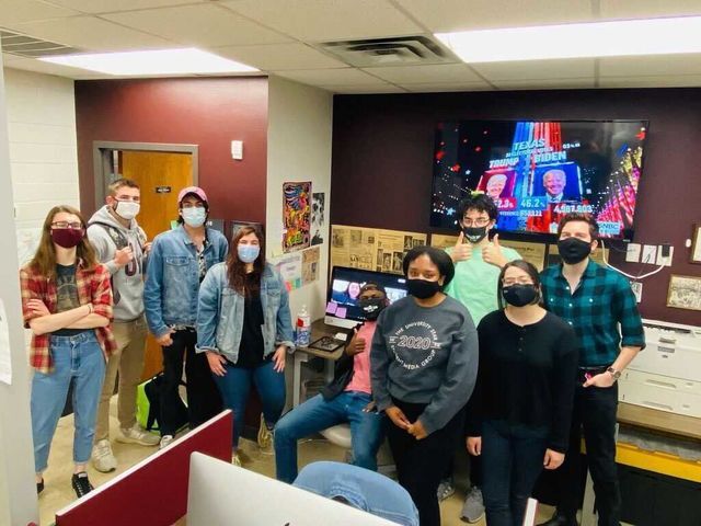 Ricardo Delgado (far right), a journalism senior, covering the presidential election night with Star staff on Nov. 3, 2020, in The Stars Trinity office. This marked Delgados first experience in a newsroom and solidified journalism as his purpose.