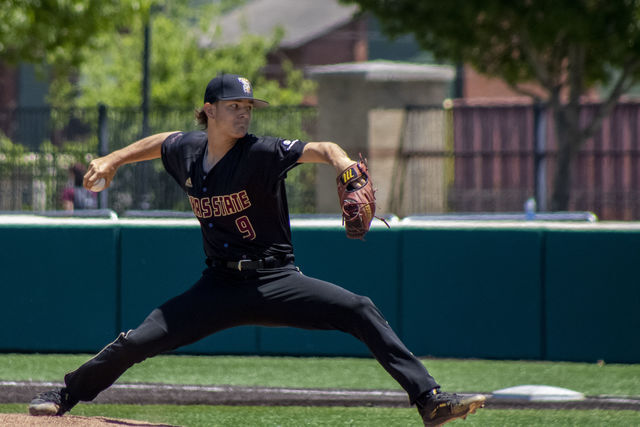 Texas State sophomore pitcher Triston Dixon (9) pitches the ball to a Red Wolves batter, Sunday, April 25, 2021, at Bobcat Ballpark. The Bobcats won the series 2-1 against the Arkansas State University Red Wolves.