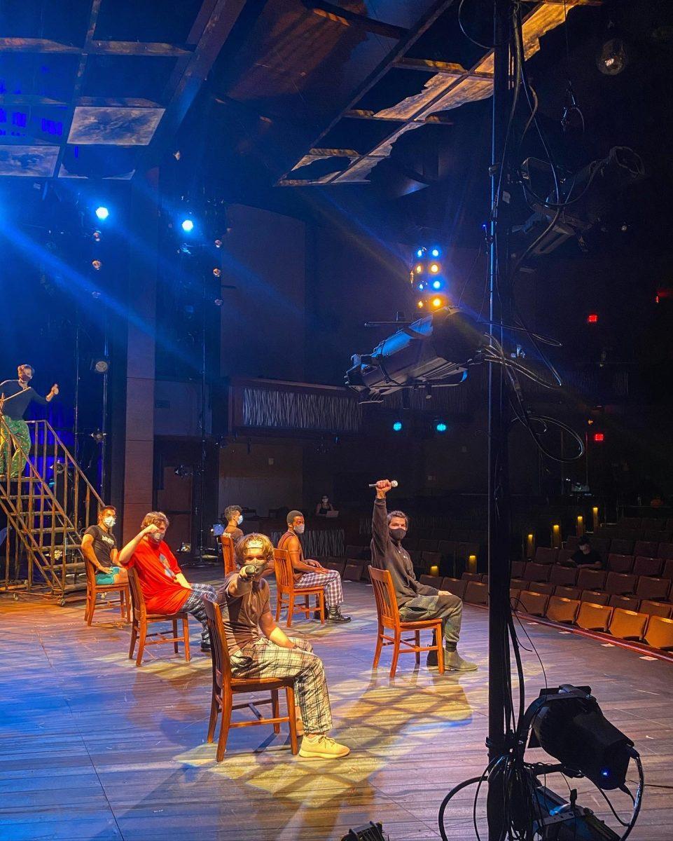 The cast of Spring Awakening celebrates its return to the stage at a Spring Awakening rehearsal, Monday, April 12, 2021, at the Patty Strickel-Harrison.