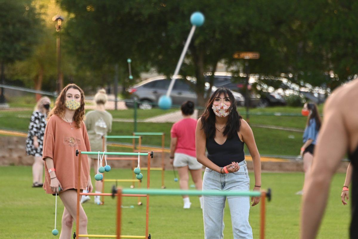 Jaelyn Dominguez, a social work freshman, lines up her clackers shot on Tuesday, May 4, 2021, at Gaillardia Fest.