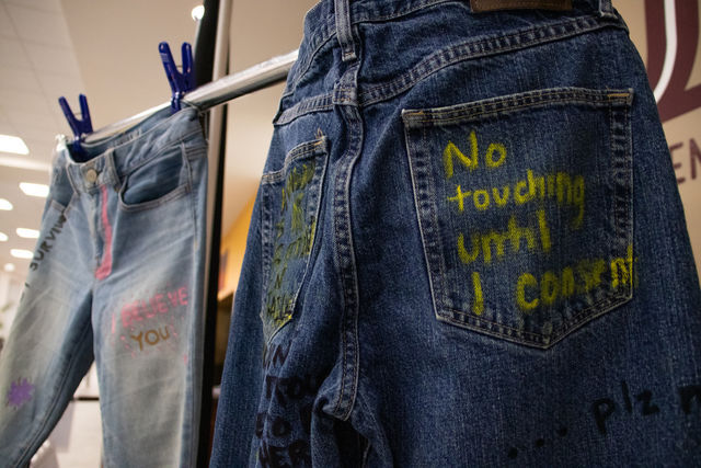 Denim+Day+Clothesline+Project+display%2C+Wednesday%2C+April+28%2C+2021%2C+inside+LBJ+Student+Center.+Students+Against+Violence+is+recognizing+Denim+Day+by+displaying+donated+jeans+that+have+been+painted+to+show+solidarity+and+empower+survivors+of+sexual+violence.+Denim+Day+recognizes+how+myths+around+sexual+violence+creates+harmful+environments+for+survivors.