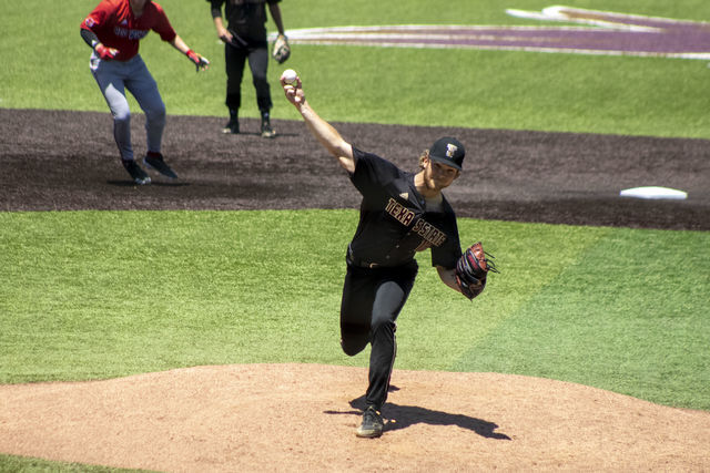 Texas State junior pitcher Tristan Stivors (16) pitches the ball to a Red Wolves batter, Sunday, April 25, 2021, at Bobcat Ballpark. The Bobcats won the series 2-1 against the Arkansas State University Red Wolves.