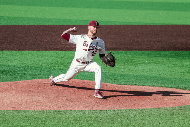 Texas State senior pitcher Zachary Leigh (42) pitches to the South Alabama player at bat during the first inning of the game, Friday, May 7, 2021, at Bobcat Ballpark. The Bobcats won 6-3