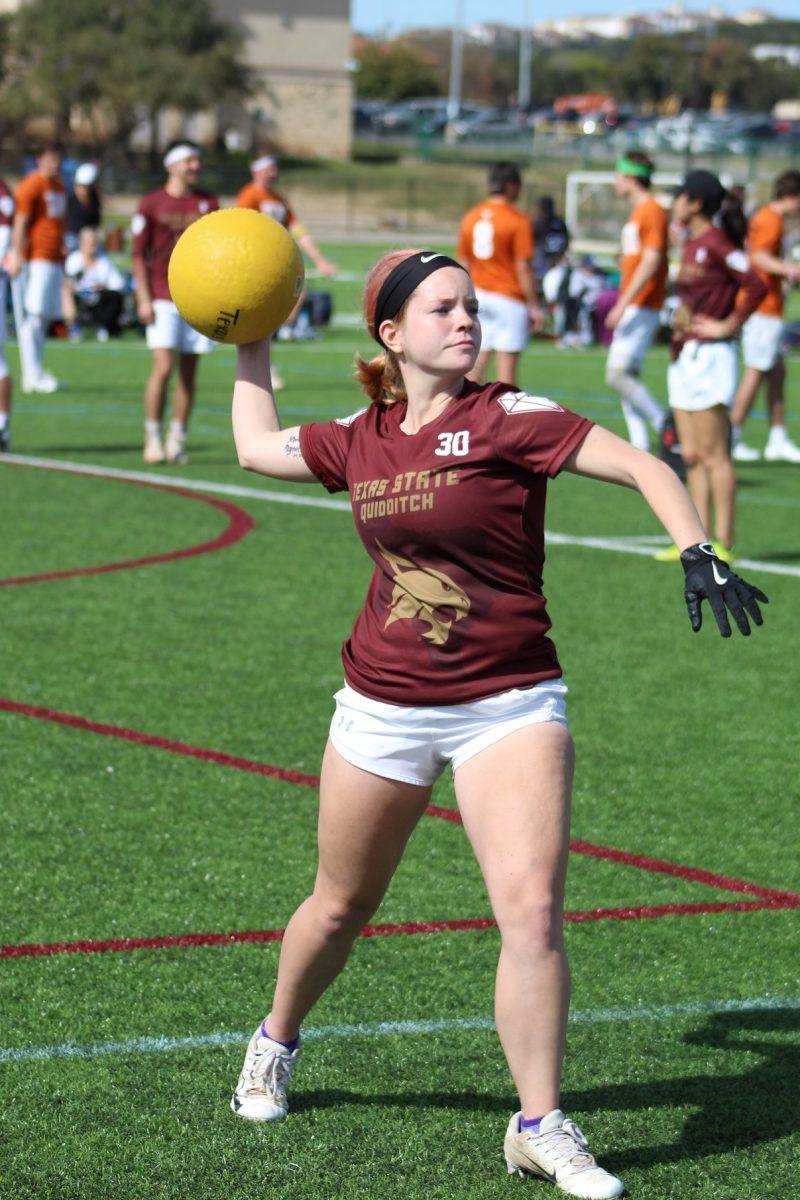 Texas State senior quidditch captain Maya Hinebaugh (30) warms up before a match, Wednesday, March 6, 2019, at the University of Texas at San Antonio.