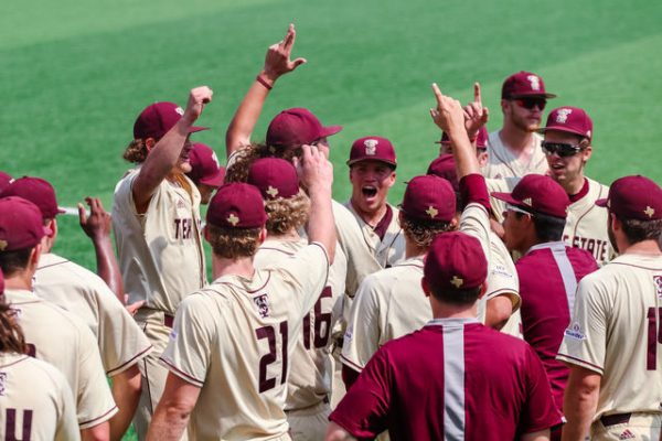 The Bobcats celebrate as freshman pitcher Tony Robie (39) enters the field to start the last game of the series against South Alabama, Sunday, May 9, 2021, at Bobcat Ballpark. The Bobcats lost 9-4.