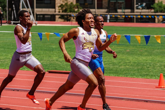 Texas State senior sprinter Jaylen Allen passes other runners in the 400-meter dash during the Bobcat Classic, May 2, 2021, at Texas State Track and Field Complex.