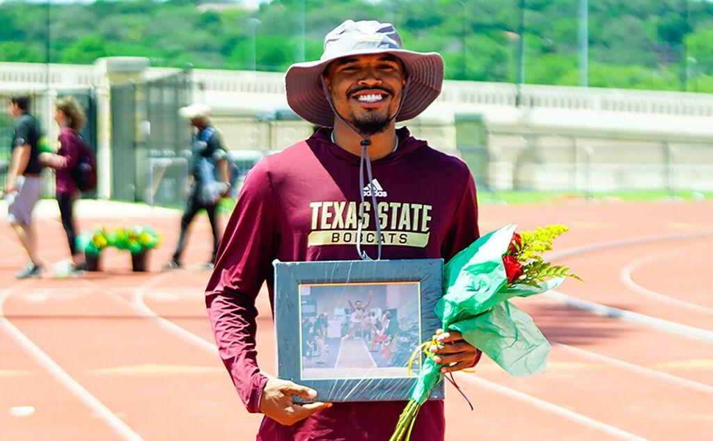 Texas State senior long jumper Ronnie Briscoe poses on Senior Day at the Bobcat Classic, Sunday, May 2, 2021, at Texas State Track and Field Complex.