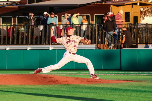 Texas State redshirt freshman pitcher Cameron Bush (35) pitches to the UT player at bat during the first inning, Wednesday, March 3, 2021, at Bobcat Ballpark. The Bobcats lost 10-3.
