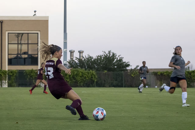Texas+State+senior+defender+Gabie+Jones+%2823%29+winds+up+to+pass+the+ball+downfield%2C+Thursday%2C+August+12%2C+2021%2C+at+Bobcat+Soccer+Complex.+Texas+State+and+UTSA+tied+0-0.