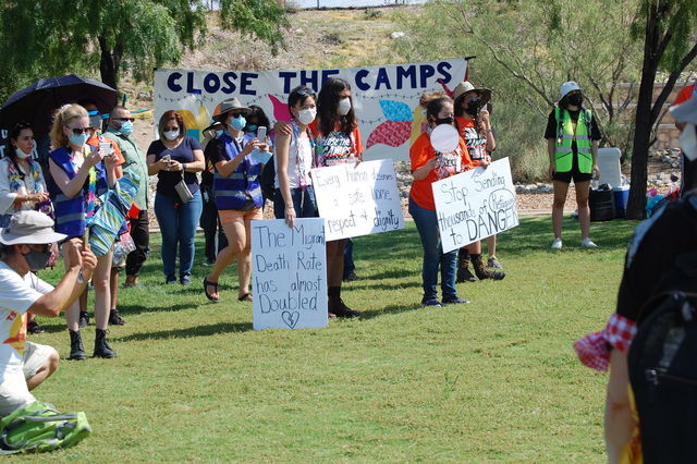 Immigrants rights groups protest the inhumane treatment of children in detention centers on Saturday, July 17, 2021, outside Fort Bliss in El Paso, Texas.