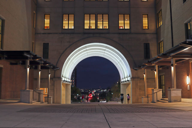 Lights illuminate the UAC Arch, Monday, March 29, 2021, at Texas State.