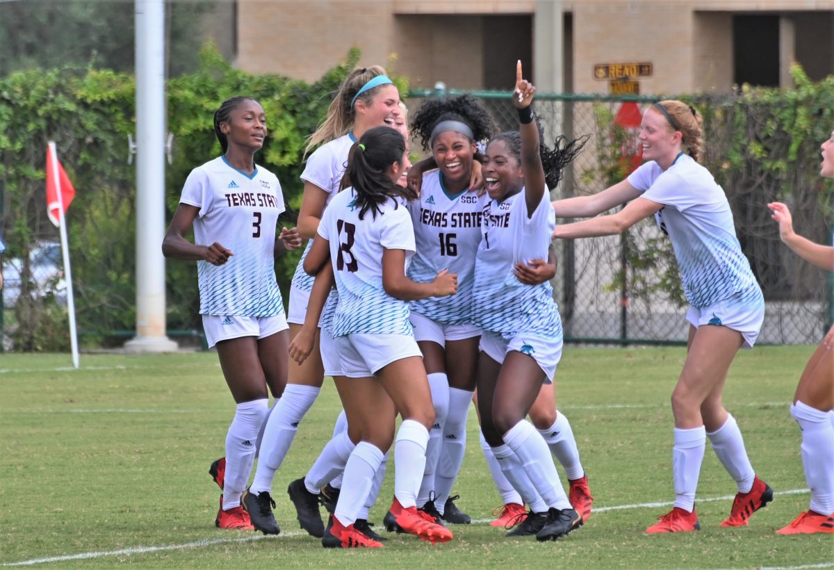 The Bobcats celebrate a goal together, Sunday, Sept. 12, 2021, at Bobcat Soccer Complex. The Bobcats won 4-0 against Texas A&M-Corpus Christi.