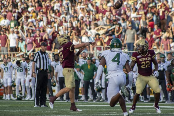 Texas State sophomore quarterback Brady McBride (2) throws a pass during a game against Baylor, Saturday, Sept. 4, 2021, at Bobcat Stadium. The Bobcats lost to Baylor 29-20.
