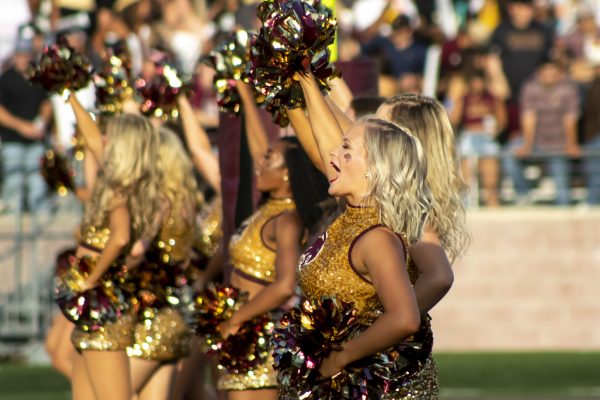The Texas State Strutters dance on the sidelines during a game against Baylor, Saturday, Sept. 4, 2021, at Bobcat Stadium. The Bobcats lost to Baylor 29-20.