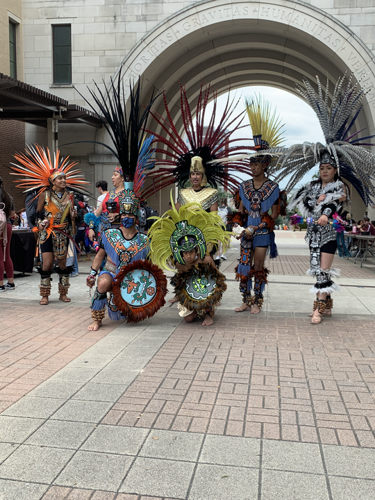 Evelio Flores and his team of dancers perform an ancient Aztec dance called the Chichimecas,  Monday, Sept. 13, 2021, at Texas State University.