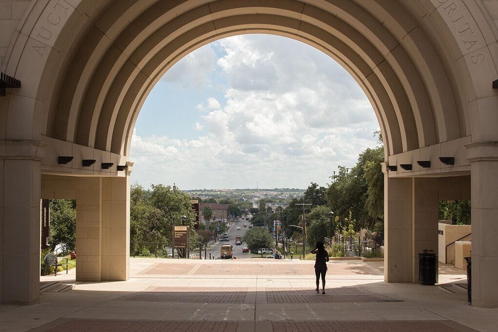 A file photo of the University Academic Center arch. 