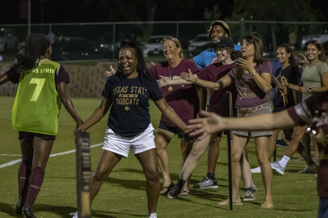 Texas State fans cheer on the Bobcats after the game, Thursday, August 12, 2021, at Bobcat Soccer Complex. Texas State and UTSA tied 0-0.