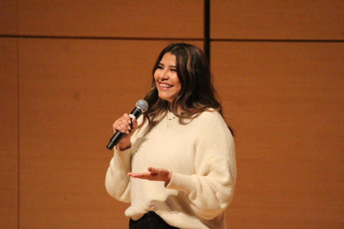 Kiarra Regalado, a public relation junior, speaks to audience members at The University Star's "Star Stories" event, Tuesday, Oct. 19, 2021, at the Performing Arts Center.&#160;Regalado opened up about the challenges she faced making friends her freshman year and shared how partnerships with brands such as Bumble, Kendra Scott and Victoria's Secret PINK helped her overcome those challenges.&#160;