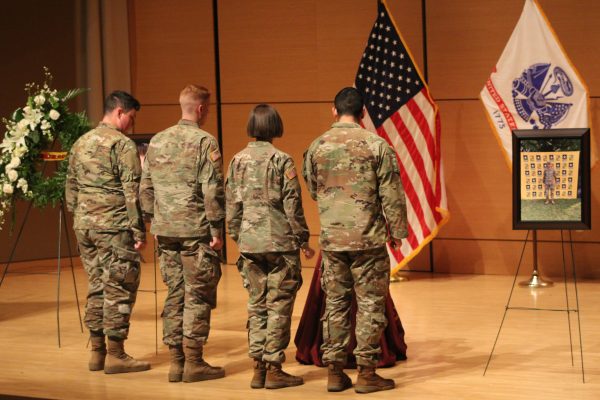 Texas State Army ROTC cadets pay respects to Cadet Austin Salyer during a celebration of life ceremony hosted by the Texas State Army ROTC and the Military Science Department, Friday, Nov. 12, 2021, at the Performing Art Center’s Recital Hall. 