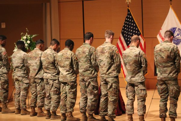Fellow Texas State Army ROTC cadets pay respects to Cadet Austin Salyer during a celebration of life ceremony hosted by the Texas State Army ROTC and the Military Science department, Friday, Nov. 12, 2021, at the Performing Art Center’s Recital Hall. 