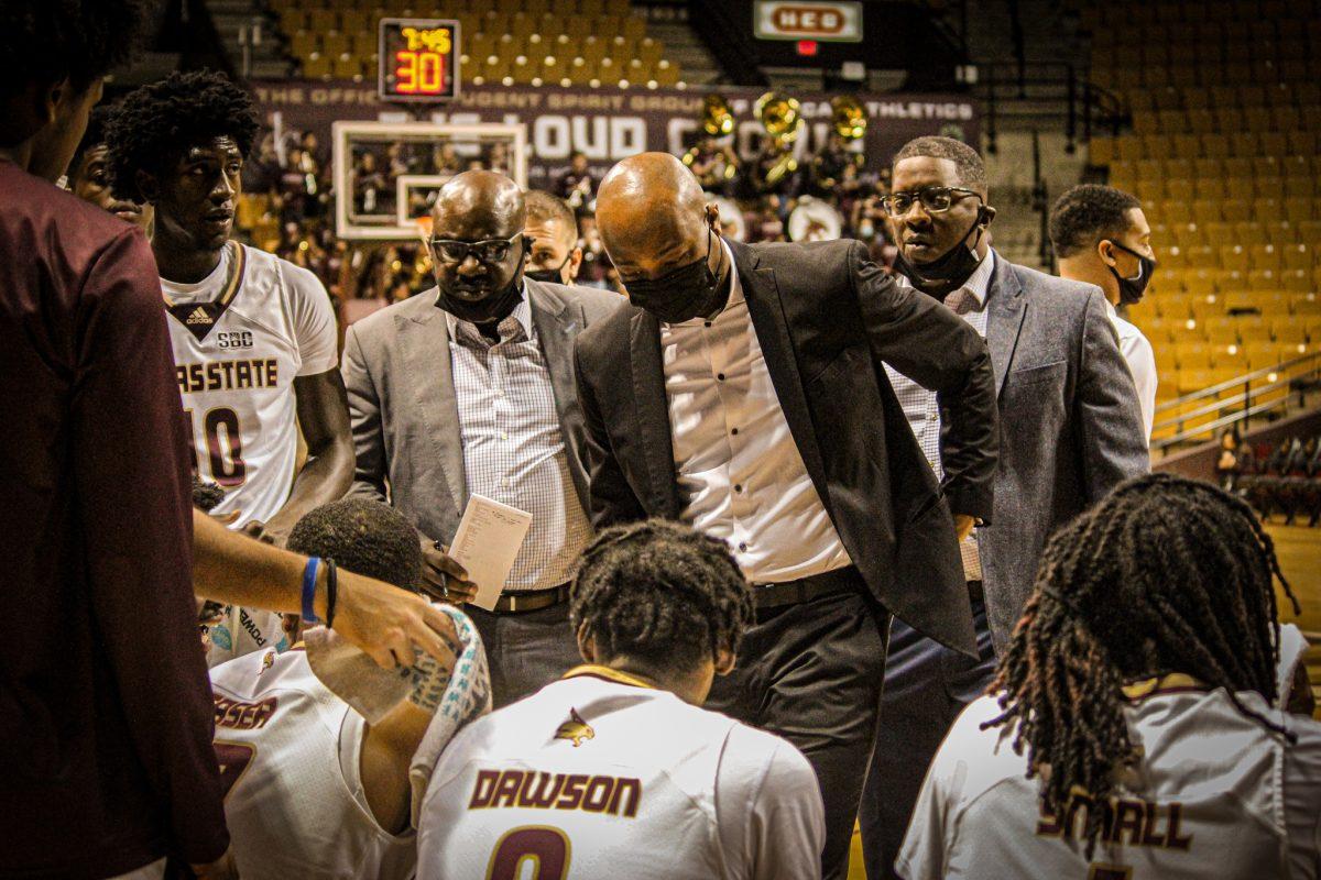 Texas State mens basketball Head Coach Terrence Johnson talks to players during a time-out made by St. Marys University, Thursday, Nov. 4, 2021, at Strahan Arena. The Bobcats won 52-43.