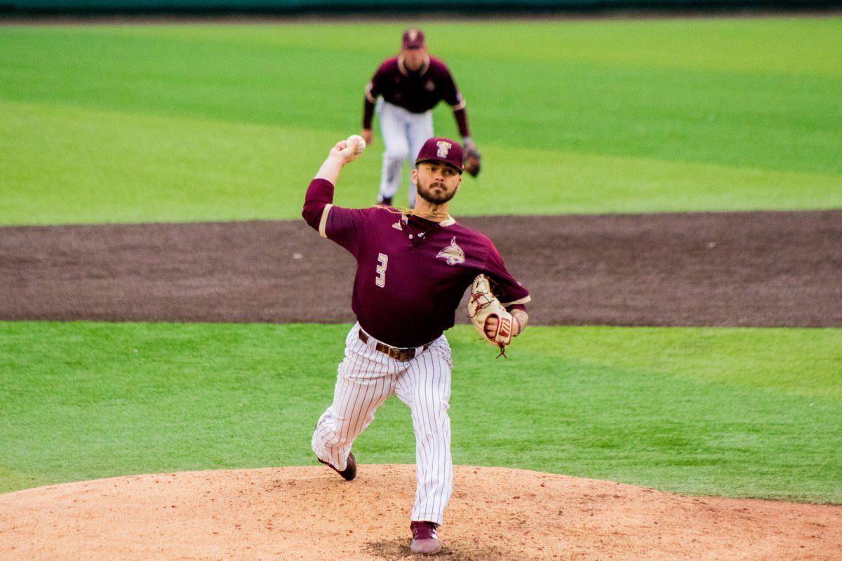 Texas State senior pitcher Trevis Sundgren (3) pitches to a Shockers batter during a game against Wichita State, Thursday, Feb. 24, 2022, at Bobcat Ballpark. The Bobcats won 9-2.