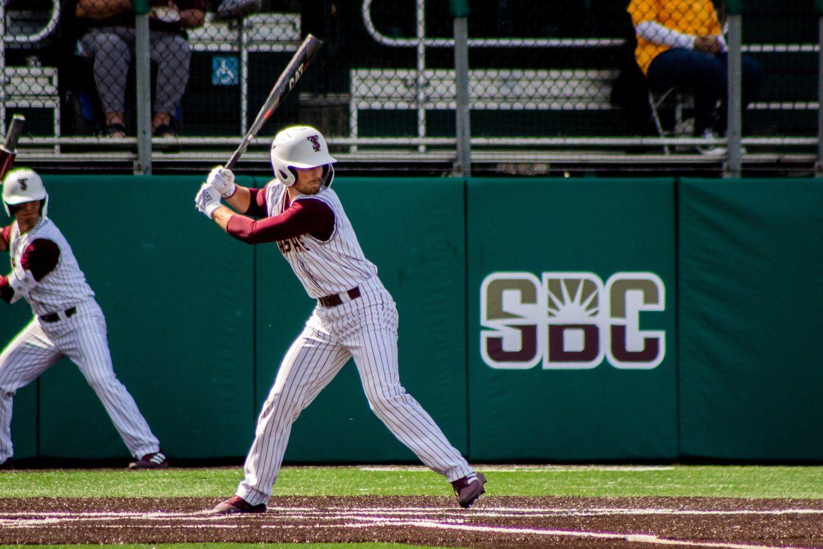 Texas State senior infielder Dalton Shuffield (8) prepares to swing at a ball from a Wolverines pitcher during a series against Utah Valley, Sunday, Feb. 20, 2022, at Bobcat Ballpark. The Bobcats won the series 3-1.