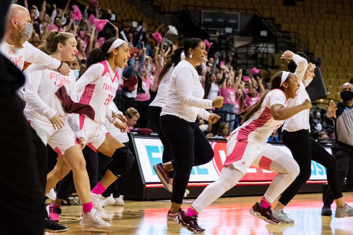 Texas State womens basketball team runs on the court after scoring a buzz beater shot during overtime in the game against the University of Louisiana, Thursday, Feb. 10, 2022, at Strahan Arena. The Bobcats won in OT 72-71.