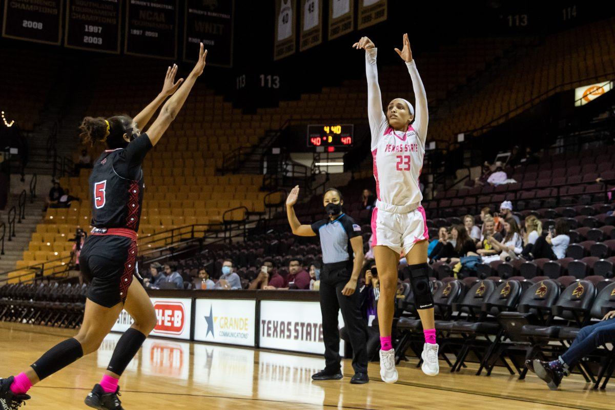 Texas State redshirt senior guard Tianna Eaton (23) goes up for a three-pointer during a game against the University of Louisiana, Thursday, Feb. 10, 2022, at Strahan Arena. The Bobcats won in OT 72-71.