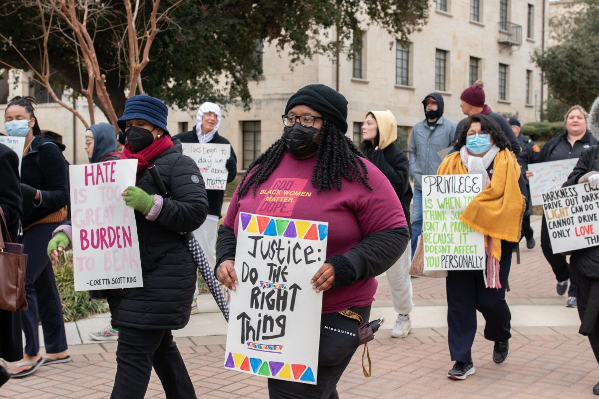 Participants in the MLK Solidarity March walk from Old Main to the Performing Arts Center as part of the 38th Annual Rev. Dr. Martin Luther King, Jr. Commemoration Celebration, Wednesday, Feb. 23, 2022, at Texas State.