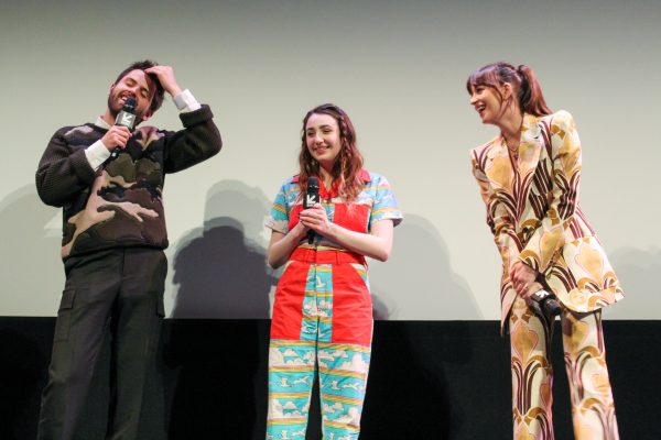 (Left to right) cast members of "Cha Cha Real Smooth," Cooper Raiff, Vanessa Burghardt, and Dakota Johnson talk during a Q&A, Friday, March 18, 2022, at Paramount Theatre.