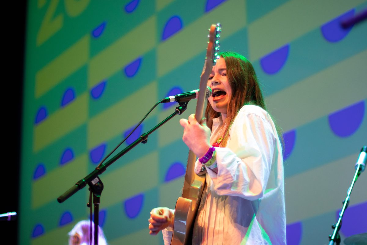 Wet Leg co-founder Rhian Teasdale sings and plays guitar at SXSW, Friday, March 18, 2022, at Austin Convention Center. One of the most buzzed about rising bands playing the festival, Wet Legs debut album is set to release in April.