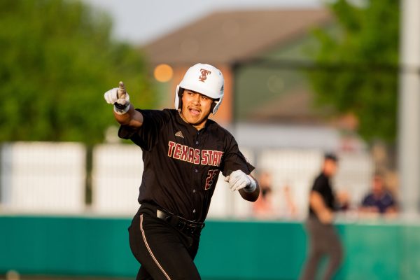 Texas State junior designated hitter Jose Gonzalez (23) runs the bases after hitting a home run during a game against Baylor, Tuesday, April 12, 2022, at Bobcat Ballpark. The Bobcats won 11-4.