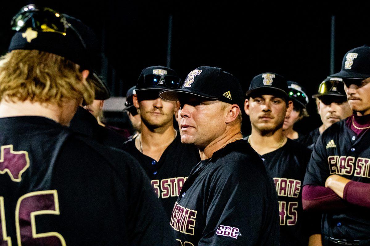 Texas State Baseball Head Coach Steven Trout breaks out the team after their victory against Baylor, Tuesday, April 12, 2022, at Bobcat Ballpark. The Bobcats won 11-4.