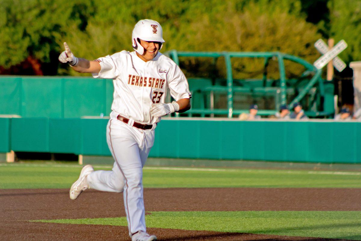 Texas State junior left fielder Jose Gonzalez (23) runs the bases after scoring his first career home run during a game against Georgia Southern, Friday, April 8, 2022, at Bobcat Ballpark. The Bobcats lost the series 1-2.