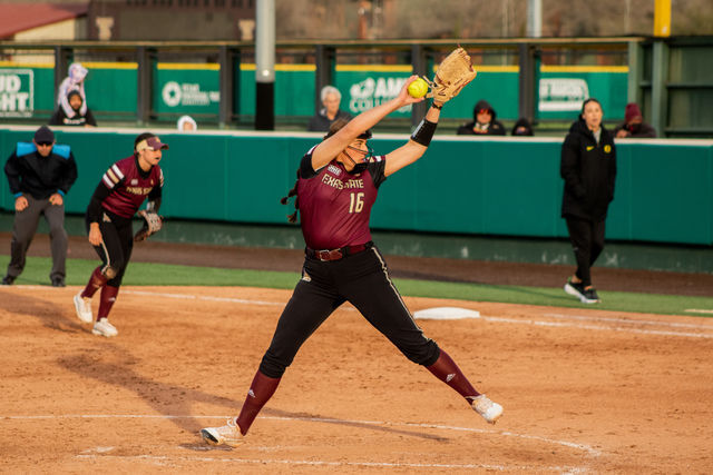 Texas State sophomore pitcher Karsen Pierce (16) pitches to ball to a Duck batter during the home opener against the University of Oregon, Thursday, Feb. 17, 2022, at Bobcat Softball Stadium. The Bobcats lost 3-7.