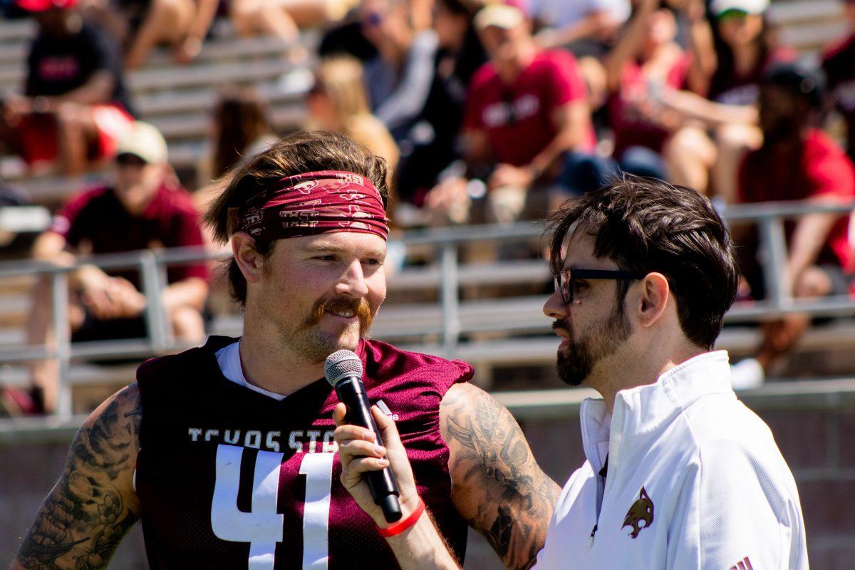 Texas+State+senior+tight+end+Tyler+Huff+%2841%29+answers+interview+questions+from+Texas+State+Athletics+TV+announcer+Brant+Freeman+during+the+spring+football+game%2C+Saturday%2C+April+9%2C+2022%2C+at+Bobcat+Stadium.