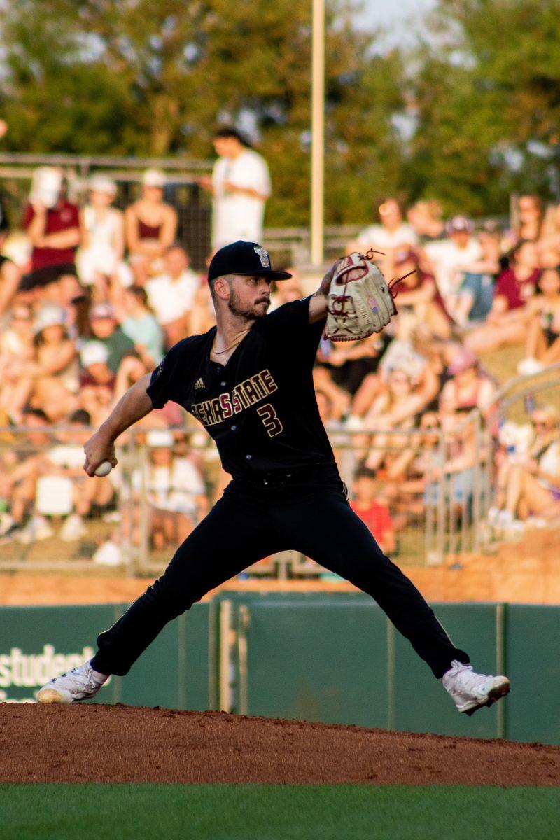 Texas State senior pitcher Trevis Sundgren (3) winds up to pitch to an Aggies batter during a game against Texas A&M, Tuesday, April 5, 2022, at Blue Bell Park. The Bobcats lost to the Aggies 4-8.