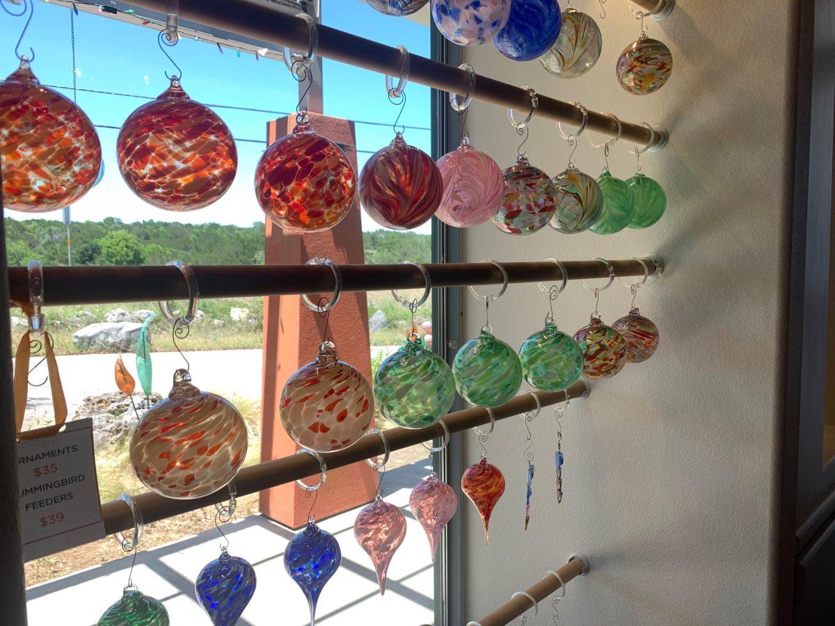 Glass spherical ornaments at Wimberley Glassworks.