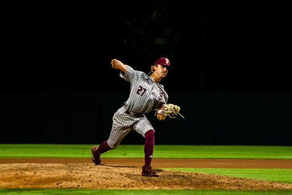 Texas State sophomore pitcher Otto Wofford (27) pitches the ball to a Cardinal batter during a game against Stanford in the NCAA Stanford Regional, Sunday, June 5, 2022, at Klein Field at Sunken Diamond in Palo Alto, CA. The Bobcats lost 8-4.
