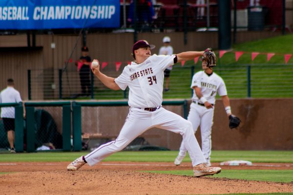 Texas State junior pitcher Zeke Wood (34) pitches to a Gauchos batter during the Bobcat's first game of the NCAA Baseball Stanford Regional against UC Santa Barbara, Friday, June 3, 2022, at Klein Field at Sunken Diamond in Palo Alto, California. The Bobcats defeated the Gauchos 7-3.