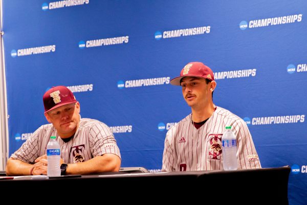 Texas State Baseball head coach Steven Trout and senior shortstop Dalton Shuffield (8) reflect on the Bobcats' loss against Stanford in the post-game conference in the NCAA Stanford Regional, Sunday, June 5, 2022, at Klein Field at Sunken Diamond in Palo Alto, CA. The Bobcats lost 8-4.