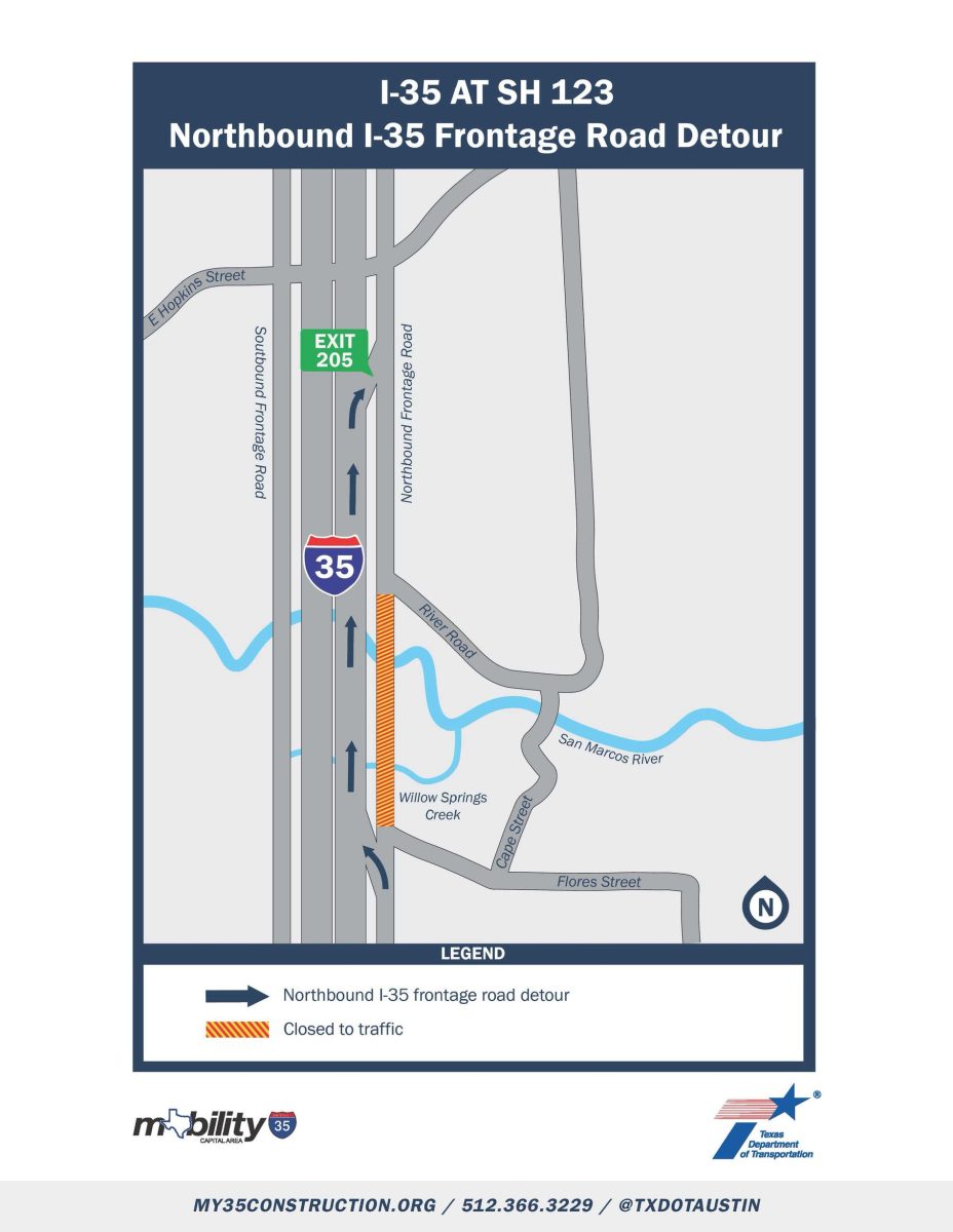 A graphic from the Texas Department of Transportations My35 depicts the detour around a road closure on the I-35 frontage road in San Marcos