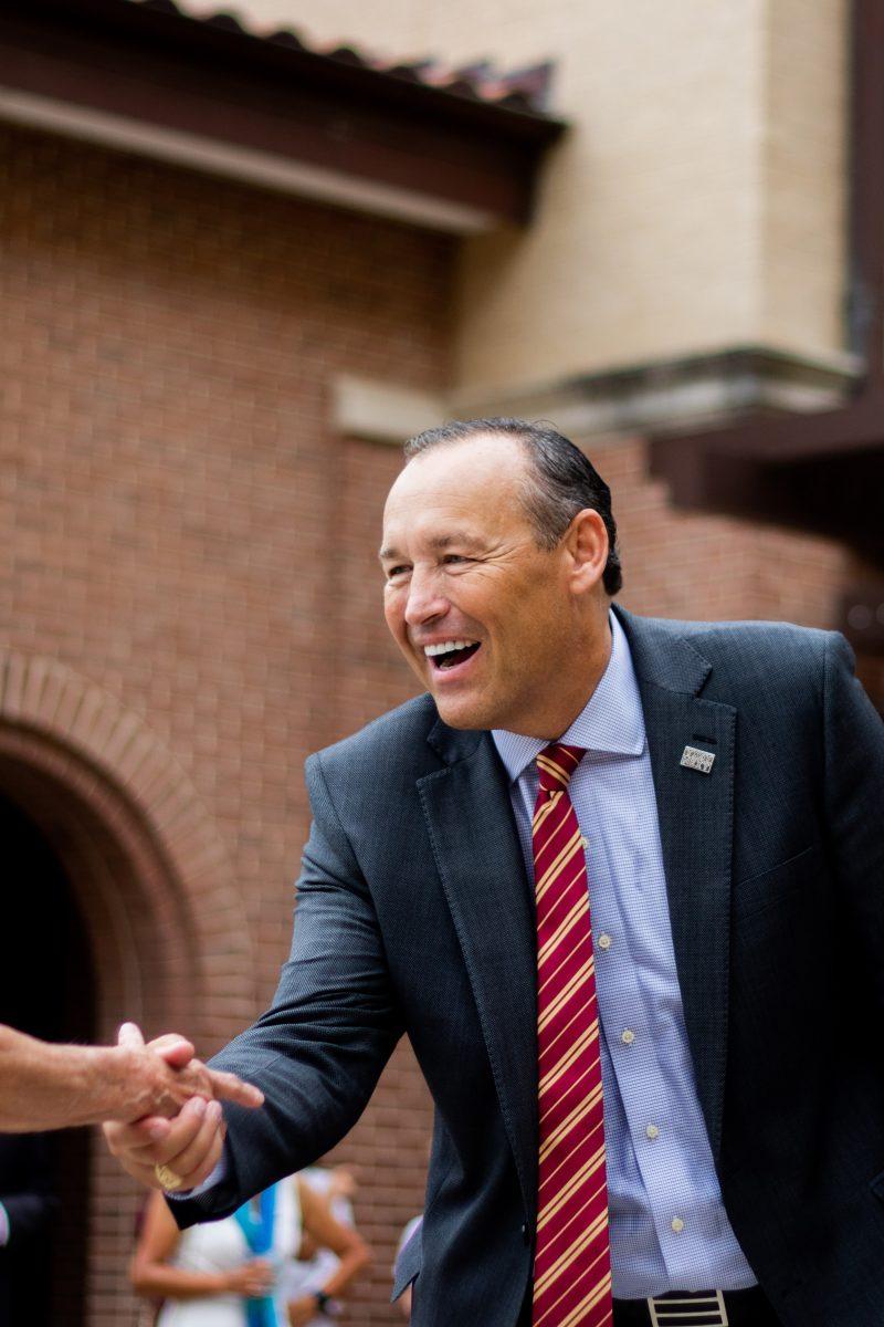 Texas State President Kelly Damphousse shakes hands with students and faculty at a meet-and-greet on his first day in office as the universitys new president, Friday, July 1, 2022, at UAC.