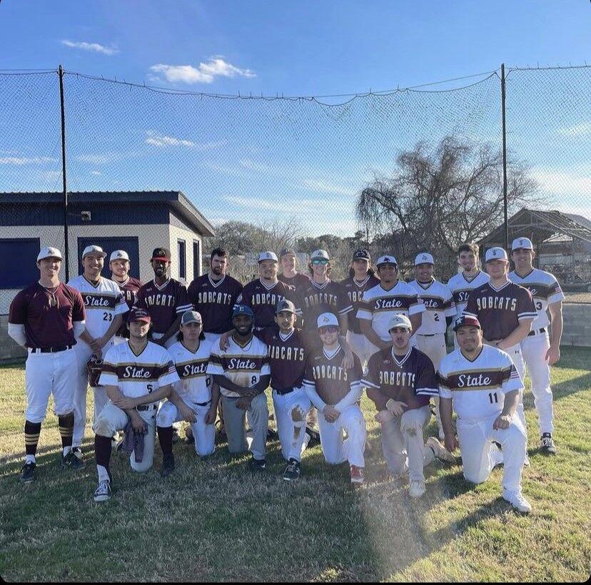 Texas State Club Baseball gathers for a team photo after their first intersquad scrimmage of the season, Saturday, February 5, 2022, in Stockdale, Texas.