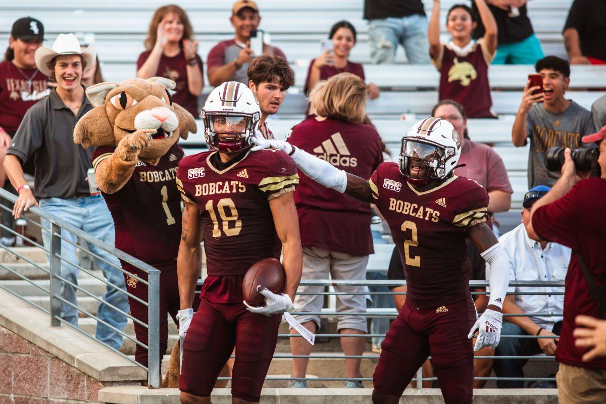 Texas State senior wide receiver Marcell Barbee (18) celebrates after scoring a touchdown during a game against Houston Christian University, Saturday, Sept. 24, 2022, at Bobcat Stadium. The Bobcats won 34-0.
